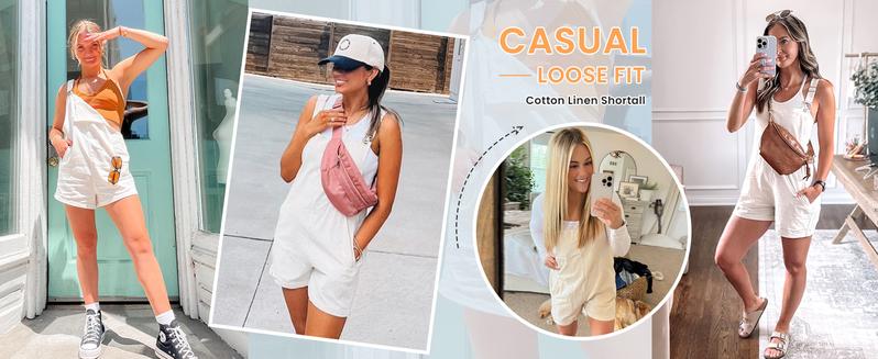 Molitree Women's  Cotton Linen Overalls Shorts Summer Lightweight Casual Short Jumpsuits Rompers Cute Minimalist Sleeveless Womenswear Blue