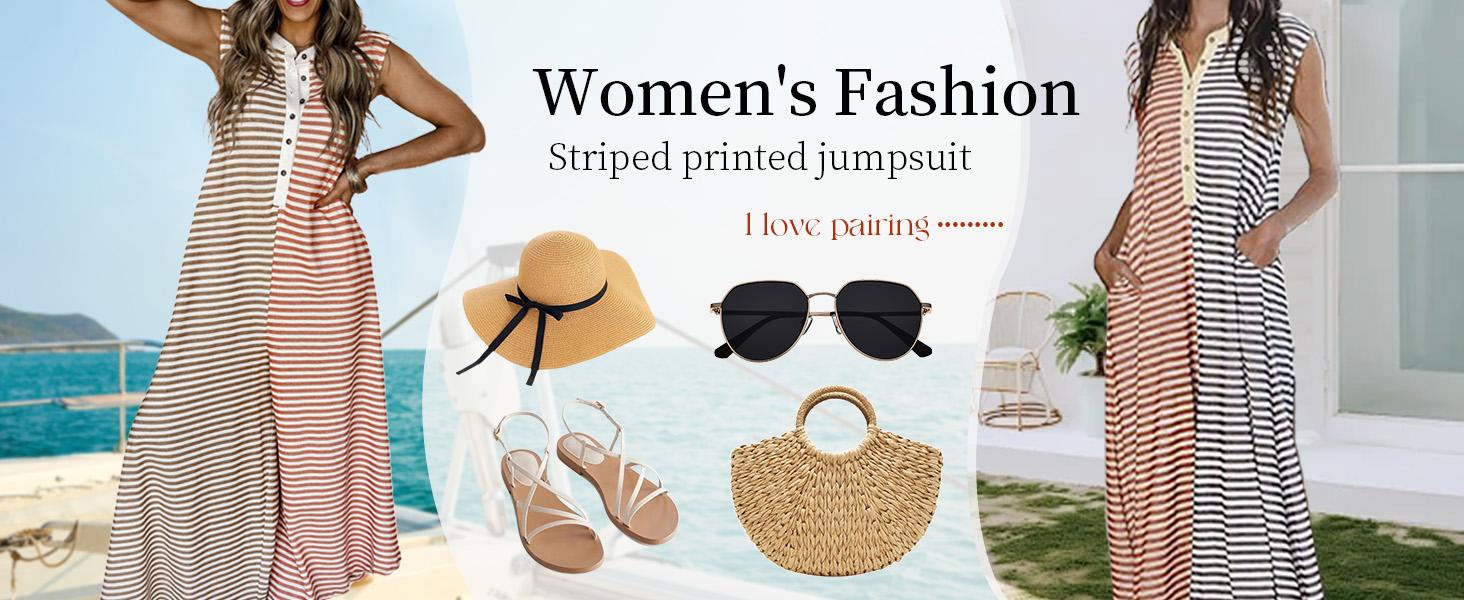 CHARTOU Loose Striped Wide Leg Jumpsuit for Women Summer Romper Flowy Pants Comfy Sleeveless Button Baggy Overalls Casual Clothes