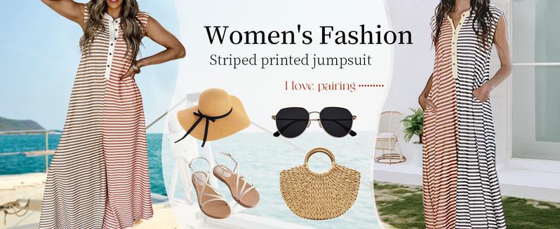 CHARTOU Loose Striped Wide Leg Jumpsuit for Women Summer Romper Flowy Pants Comfy Sleeveless Button Baggy Overalls Casual Clothes