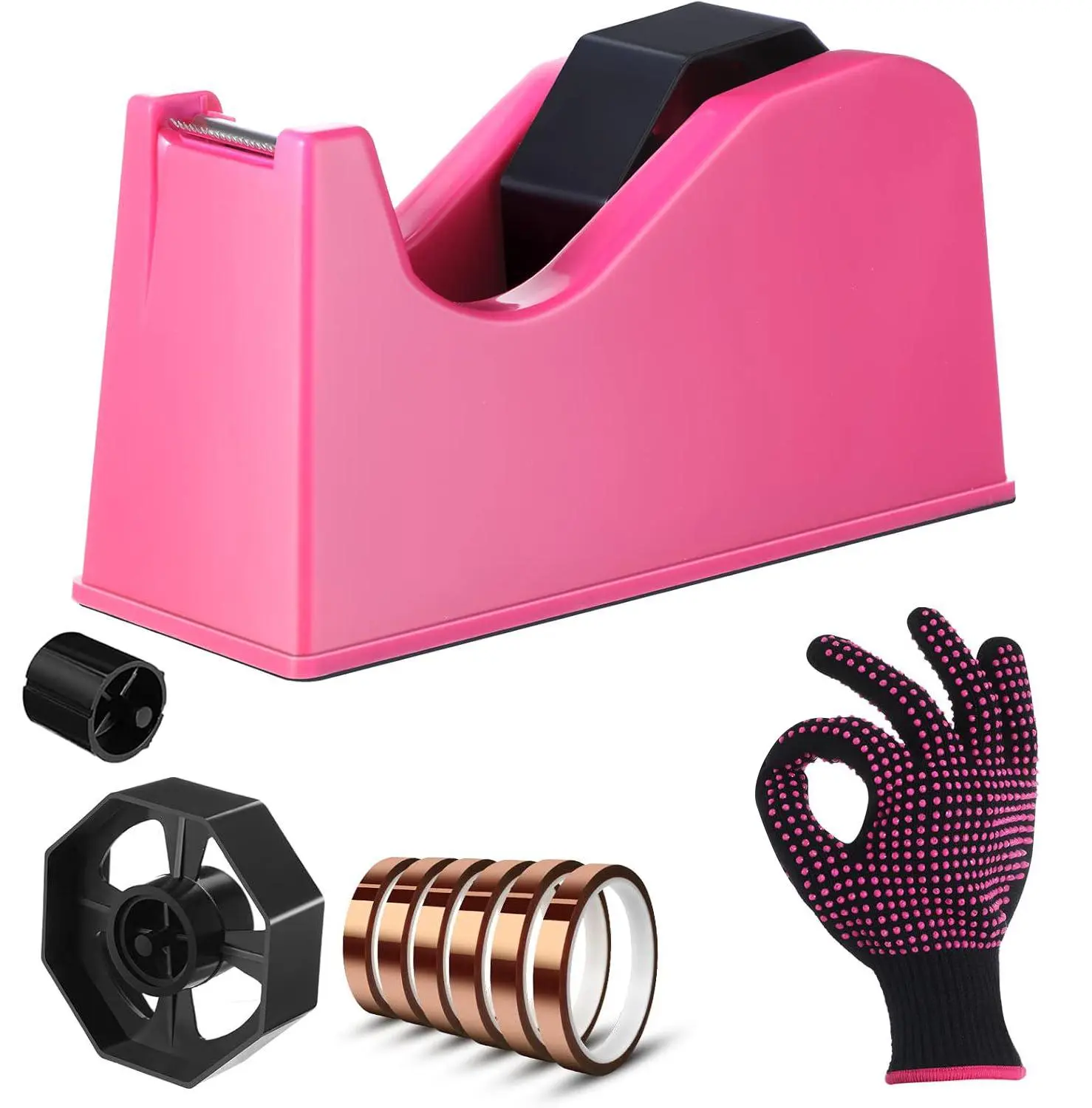 8Pcs Heat Tape Dispenser Set Pink Sublimation Tapes Dispenser Adhesive Roll Holder 1 Heat Press Resistant Gloves with Silicone Bumps 6 Sublimation Thermal Tape for Office Home