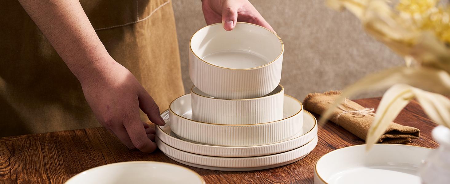 Famiware Star 12 Piece Dinnerware Sets, Plates and Bowls Set For 4, Double Reactive Glaze Dishwasher Safe and Microwave Safe