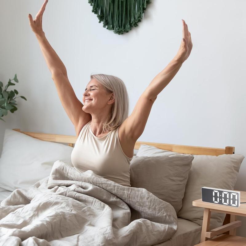 Mini Size Mirror LED Clock Simplicity Colorful Alarm Clocks Ultra Portable Travel Bedroom Bedside Clock 12/24H Display 6.3inches Large Display LED Digital Snooze Time Date Temperature Memory 3 Brightness Adjustable USB/Battery Powered Living Office Desk