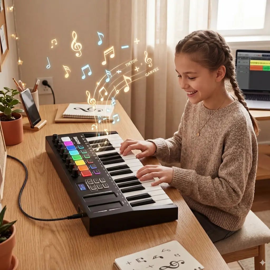 Garvee 25-Key MIDI Keyboard Controller - ABS Compact USB-Connected Device with Seamless DAW Integration, 8 Drum Pads, 8 Beat + Mix Control Knobs, OLED Display for Music Producers' Studio Setups