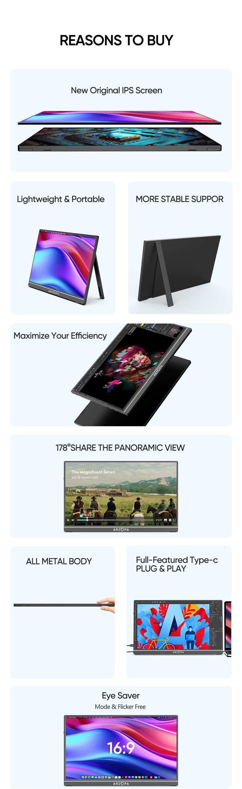 ARZOPA Portable Monitor FHD 1080P Ultra-Slim Portable Laptop Monitor IPS Display for PC MAC Phone Xbox, PS5 - USB C & HDMI Connectivity Remote Work