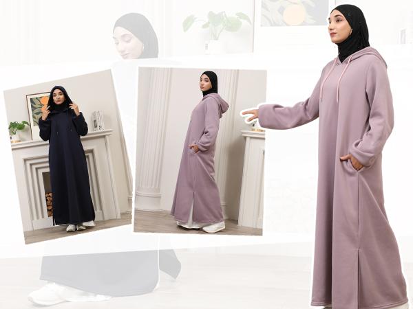 Winter Hoodie Abaya Dress with Pockets Fleece-Lined Wrinkle-Resistant Modest Wear for Women NCA012 100% Polyester Soft Brushed Lining Drawstring Hood Functional Side Pockets Loose Fit