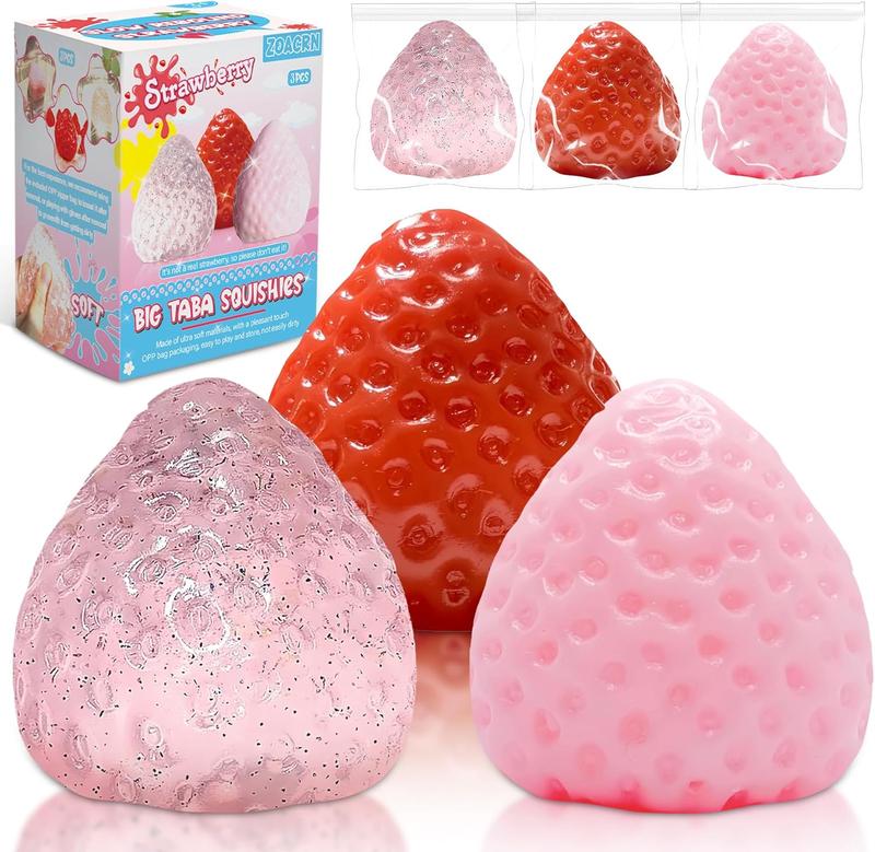 3 Pcs Big Taba Squishy Strawberry Kawaii Super Soft Stress Relief Fidget Toys for Kids & Adults Fun Relaxing Toy