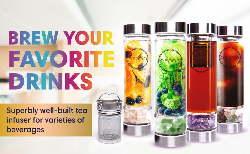 OSANA Crystal Water Bottle with 3 Changeable Healing Crystals – Amethyst, Rose Quartz, Green Fluorite – Loose Leaf Tea Bottle – Gem Elixir Infused Glass Water Bottle - 16.9 oz OSANA Crystal Water Bottle with 3 Changeable Healing Crystals – Amethyst, Rose Quartz, Green Fluorite – Loose Leaf Tea Bottle – Gem Elixir Infused Glass Water Bottle - 16.9 oz