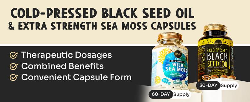 MAJU Seed & Sea Elixir Pack - Black Seed Oil Capsules (60ct) & 4-in-1 Wild Sea Moss Capsules (60ct) Edible Dietary Healthcare Fitness Supplement