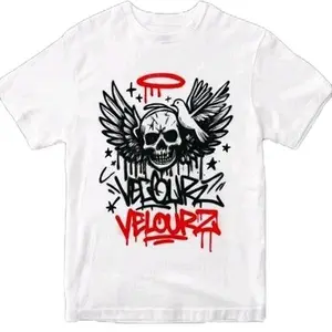 Velourz Angelicz Skull Print T-shirt - White Graphic Tee with Wings & Halo Design