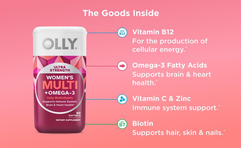Olly Ultra Women's Multi Softgels, Overall Health and Immune Support, Omega-3s, Pink, 60 Count