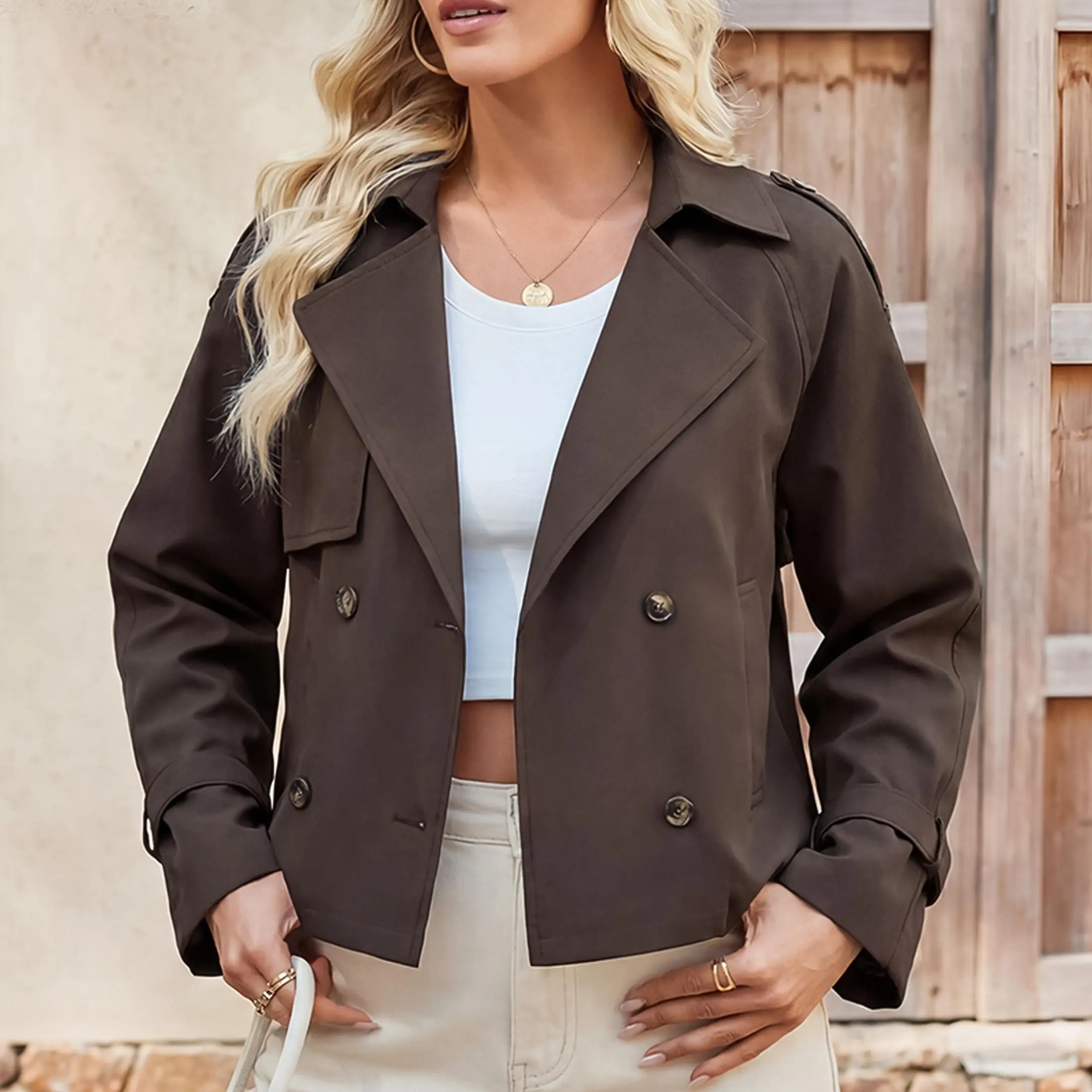 Women's Lightweight Cropped Trench Jacket Double Breasted Lapel Casual Coat Springfresh