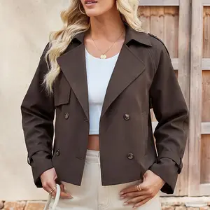 Women's Lightweight Cropped Trench Jacket Double Breasted Lapel Casual Coat Springfresh