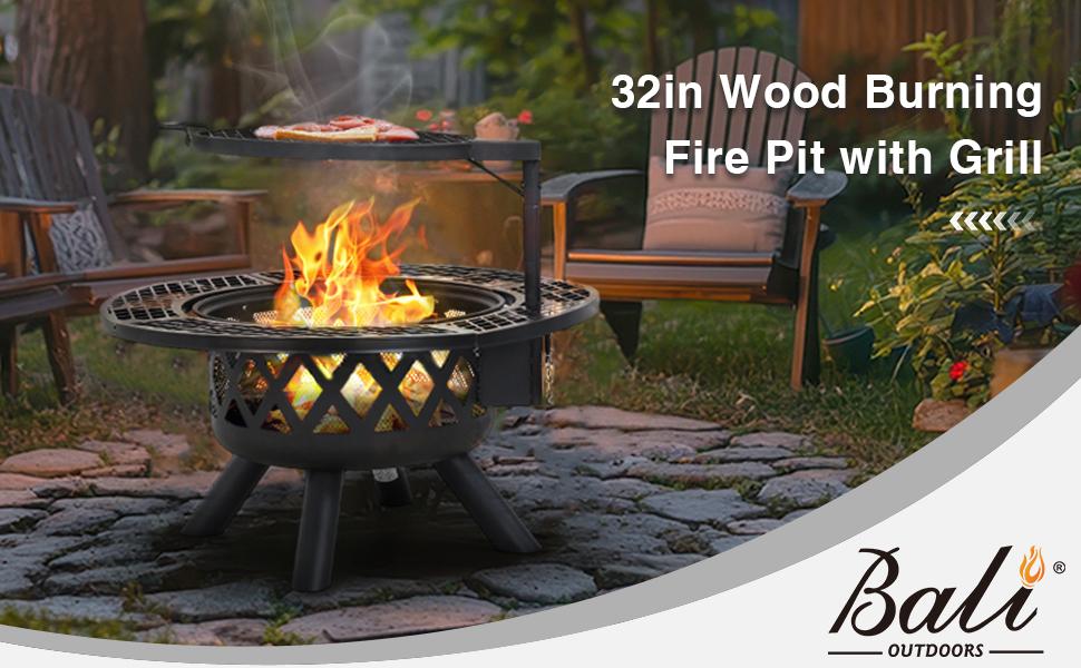 BALI OUTDOORS 2-in-1 Wood Burning Fire Pit with Removable Cooking Grill Black Ultra-Durable Iron Grate 360-Degree Rotation Adjustable Height for Heating and BBQ Christmas gift