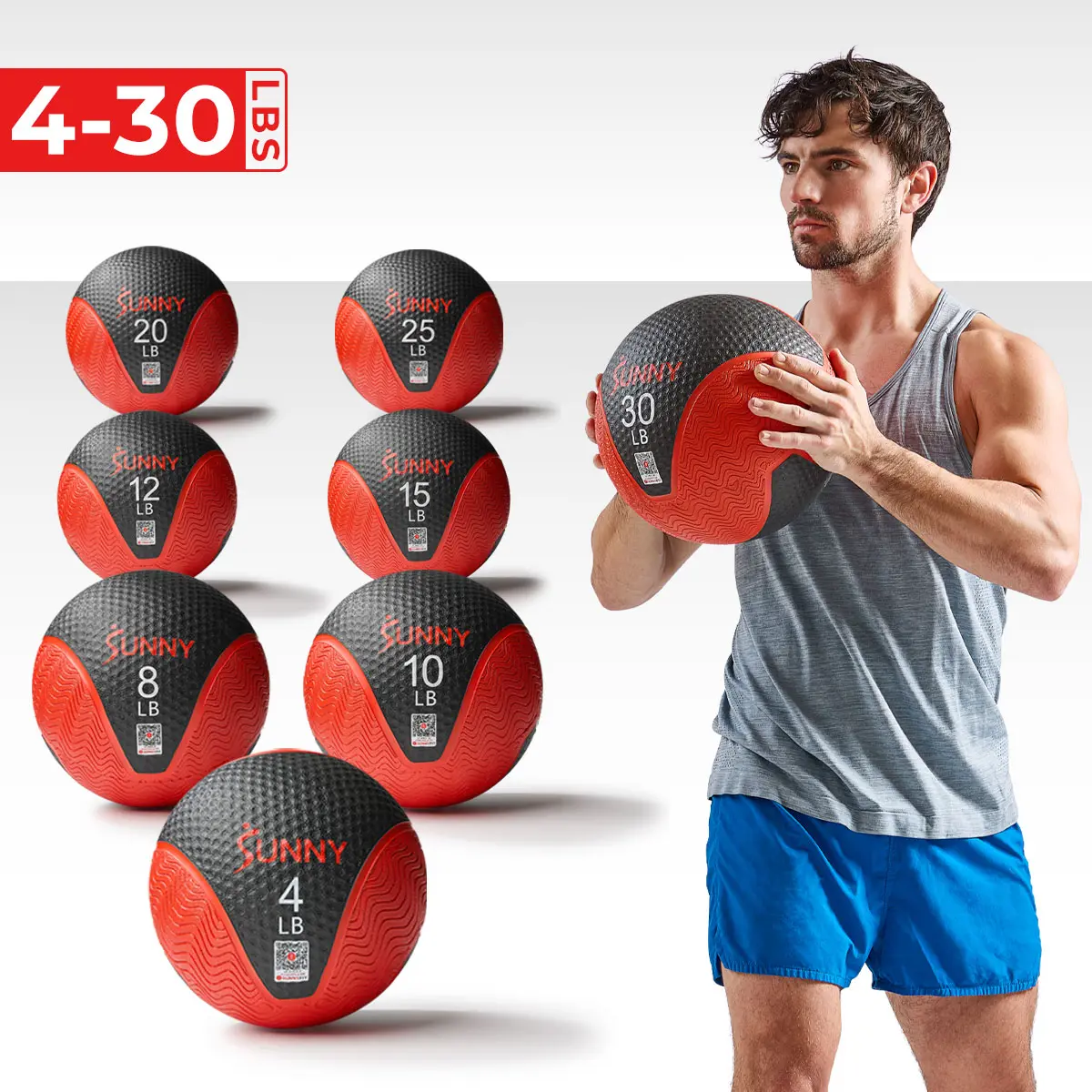 SUNNY 4 to 30 LBS Textured Weighted Medicine Ball Whole Body Workout Home Gym Fitness Equipment with Non Slip Sweat and Water Resistant Surface for Core Strength Balance Rehabilitation Training Indoor and Outdoor Exercise