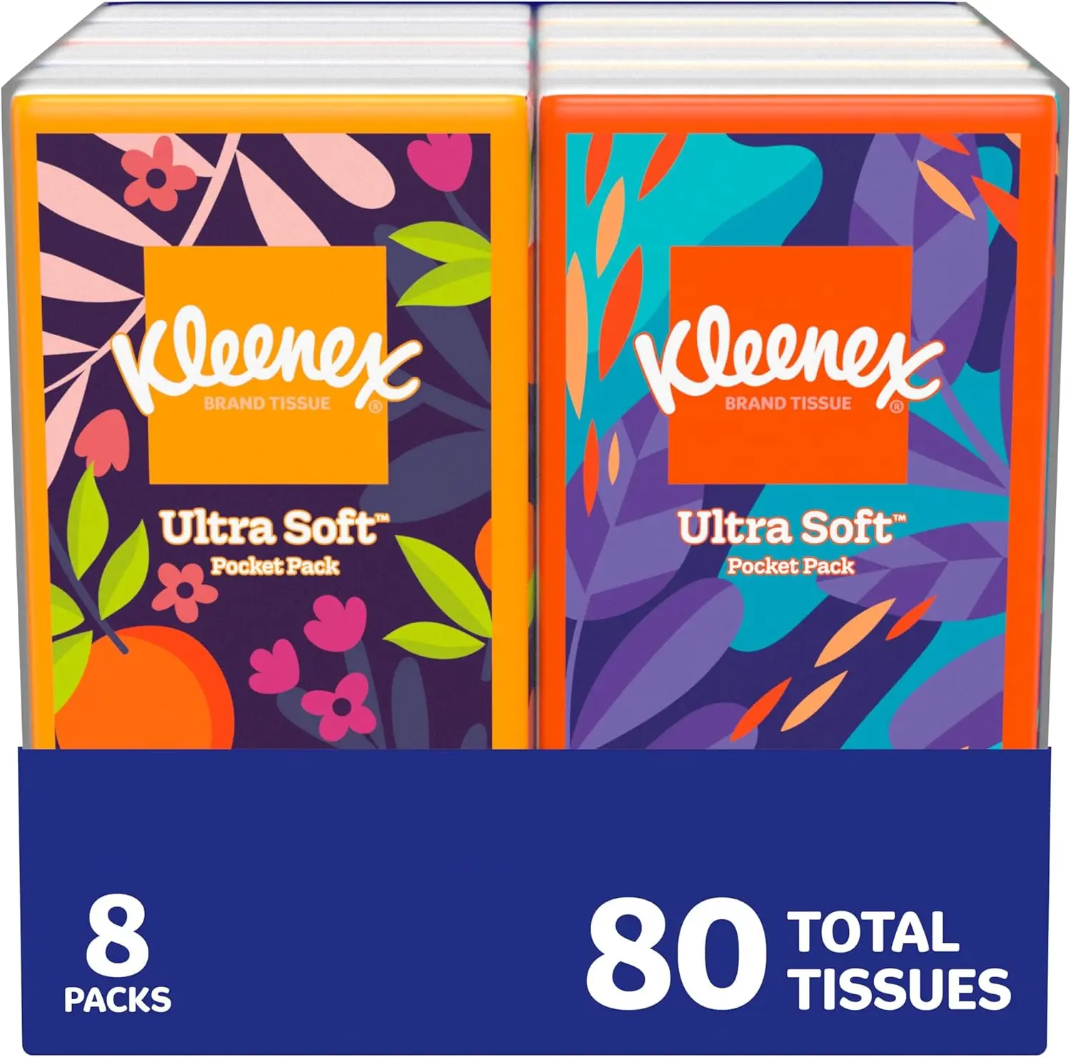 Kleenex 3-Ply Portable Facial Tissues - 8 On-The-Go Packs, 10 Sheets per Pack, 80 Total Sheets, Packaging May Vary (Home Care Supplies Category) Thick Cube Facial Tissue Ultra Soft Travel Facial Tissue sohochic