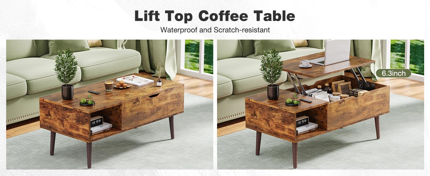 Coffee Table, Lift Top for Living Room, Rising Tabletop Wood Dining Center Tables with Storage Shelf and Hidden Compartment