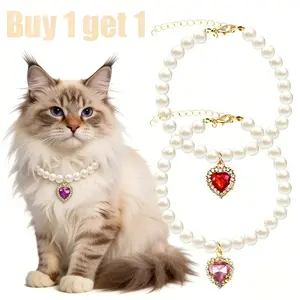 2-Pack Adjustable Pearl Cat Collar with Heart Rhinestone, for Travel, Gifting, a Must-Have Choice for Cat Lovers.