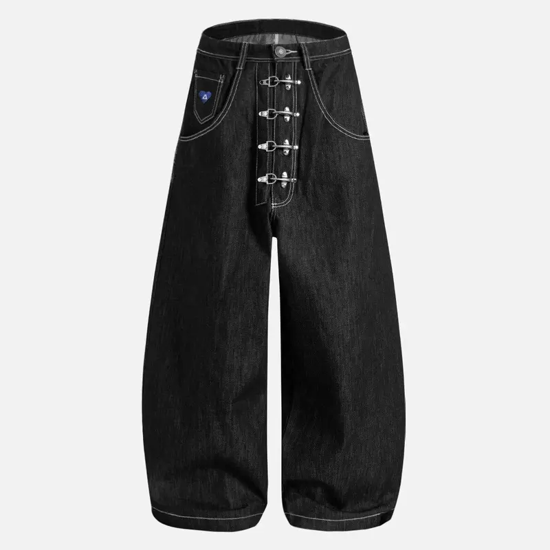 Aelfric Eden Vintage Metal Button Raw Barrel Jeans Mid-low Rise Baggy Jeans Unisex  Big Pocket Barrel Pants Loose Oversized Baggy Wide Leg Jean Casual Hip Hop Y2K Denim Pant Streetwear