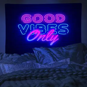 Tapestry Decor Colorful Good Vibes Fluorescent UV Reactive Tapestry - Large Size Indoor Wall Hanging Decor with Free Hanging Accessories for Living Room, Bedroom & Home Interior Decoration|   Easy Install.Decorative