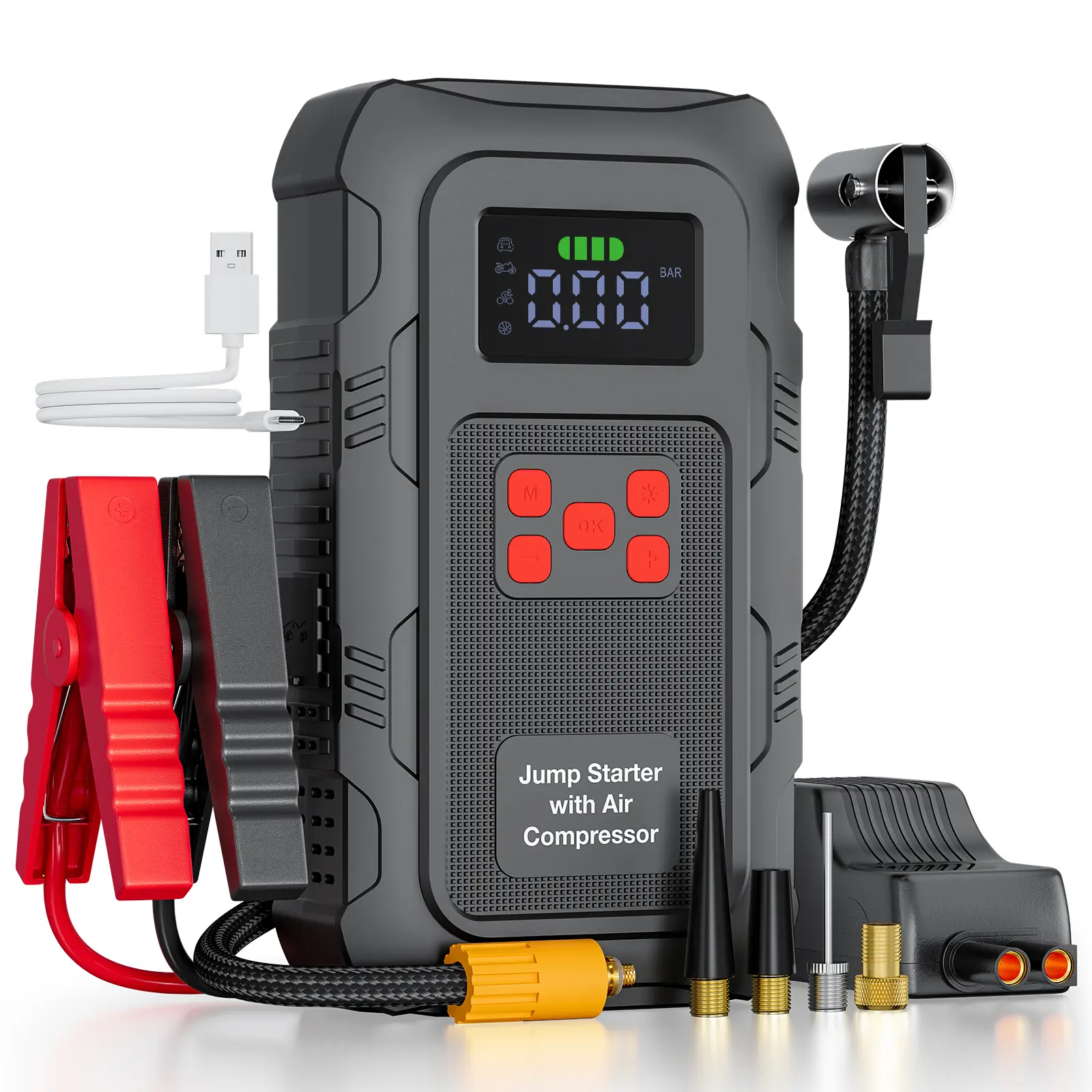 HPBS All in One Portable Jump Starter 12V, 16000mAh Power Bank with 150 PSI Air Compressor & Smart LCD for Car Battery Starting & Tire Inflation