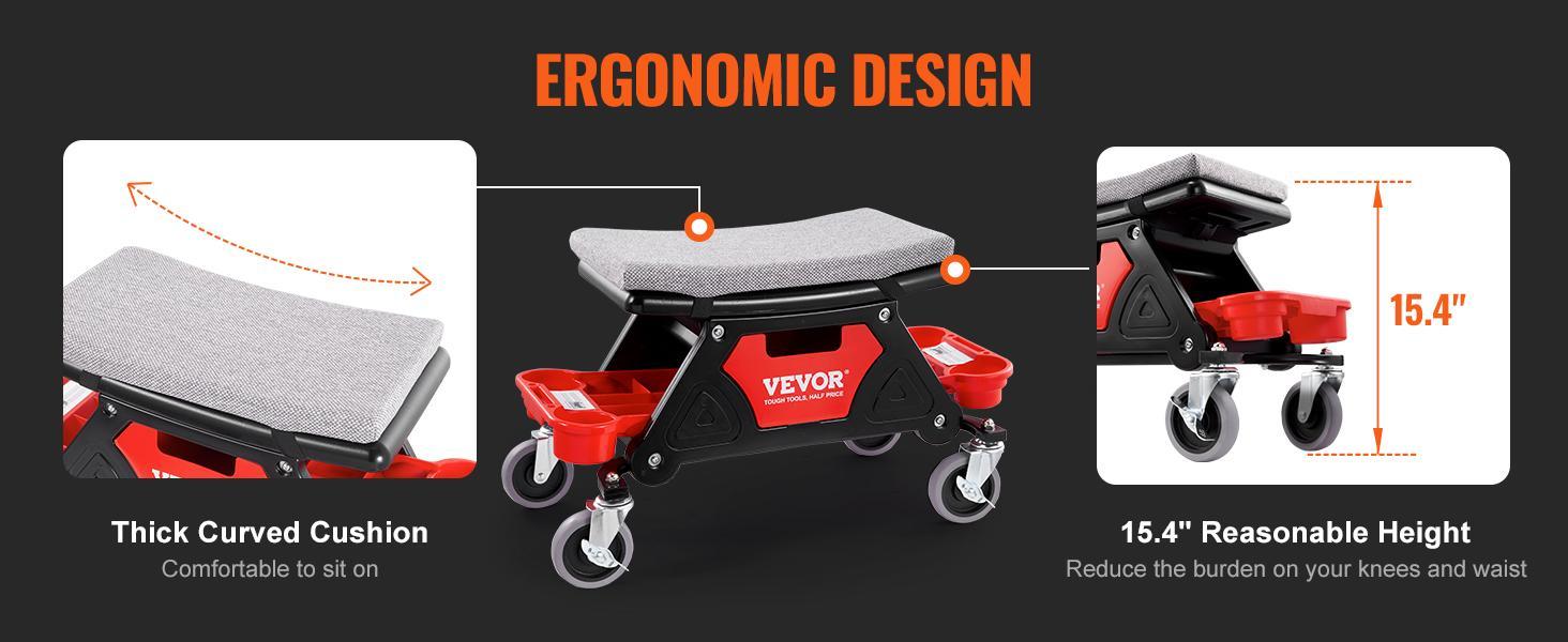 VEVOR Mechanics Stool, 300 LBS Capacity Rolling Mechanic Seat with 4" Wheels, with Three Slide Out Tool Trays and Drawer, Heavy Duty Roller Creeper Seat for Home Garage DIY Automotive
