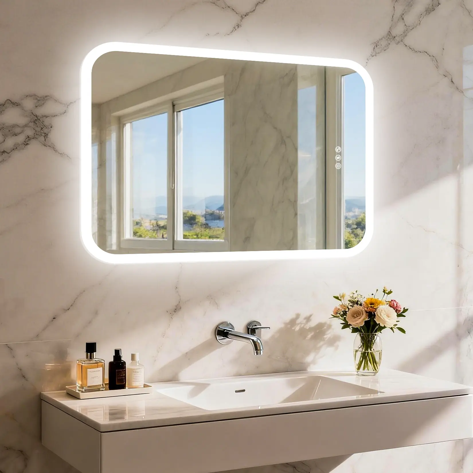 LED Bluetooth Bathroom Mirror with Speakers, Anti-Fog, Dimmable Light, Wall-Mounted Mirror with Bluetooth, Rounded Corners, Plug-in/Hardwired, Bathroom Mirrors, Wall Mirror Bedroom