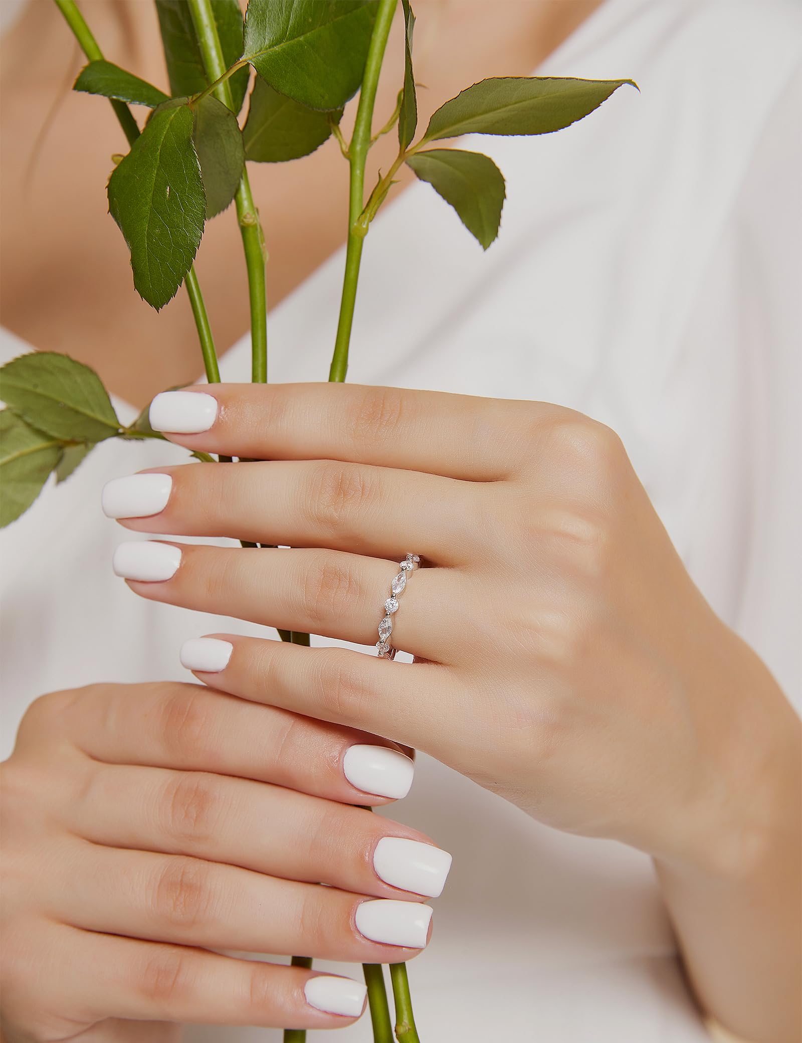 EAMTI 2mm 925 Sterling Silver Wedding Band Cubic Zirconia Half Eternity Stackable Engagement Ring