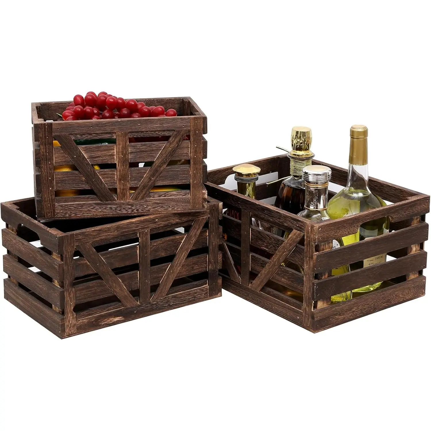 Rustic Wooden Storage Crates Set (3 Pieces, Nested) - Farmhouse Organiser with Handles for Bedroom, Home Decor & Supplies (Assorted Sizes: Large, Small), Home Supplies