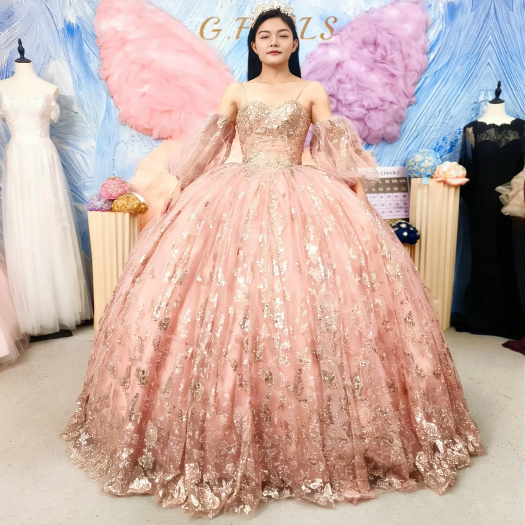 Women's NO.6 Quinceanera Ball Gown - Double Layered Dress with Bloom-Like Silhouette, Dramatic Back Sweep, Flowy Back Swish, Full Skirt Movement, Lace, Tulle Overlay, Full Length, All Seasons Formal Special Occasion Wear