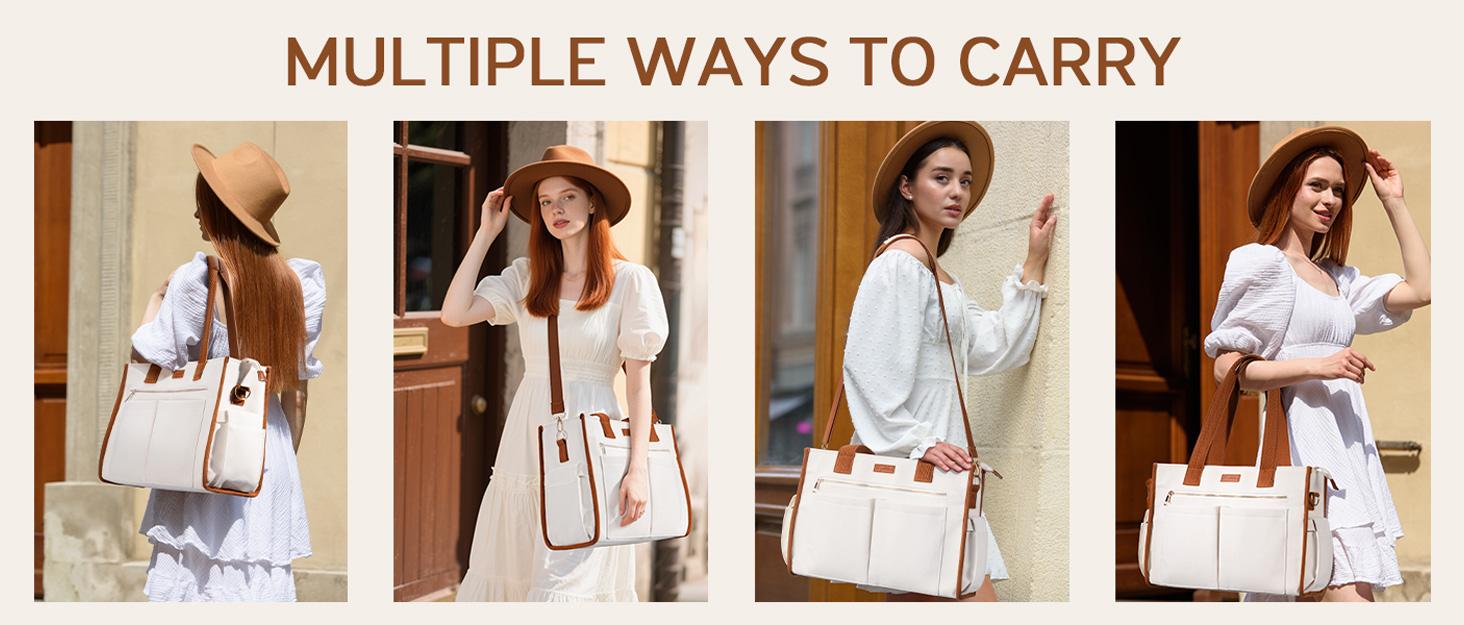 Bagstellar Canvas Tote Bag for Women, Large Work Travel Tote Bags With 9 Pocket & Zipper College Bible Laptop Bag Crossbody Handbag