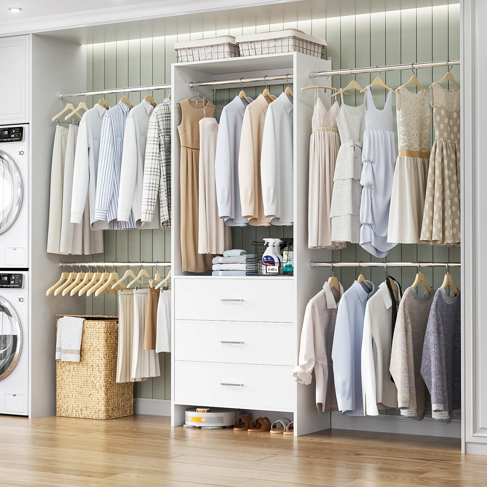 118" W Closet System with Drawers ＆ Hanging Rods, Adjustable Walk-in Closet Organizer System Wardrobe Clothes Garment Rack for Closets Laundry Room,dorm essentials,home decor