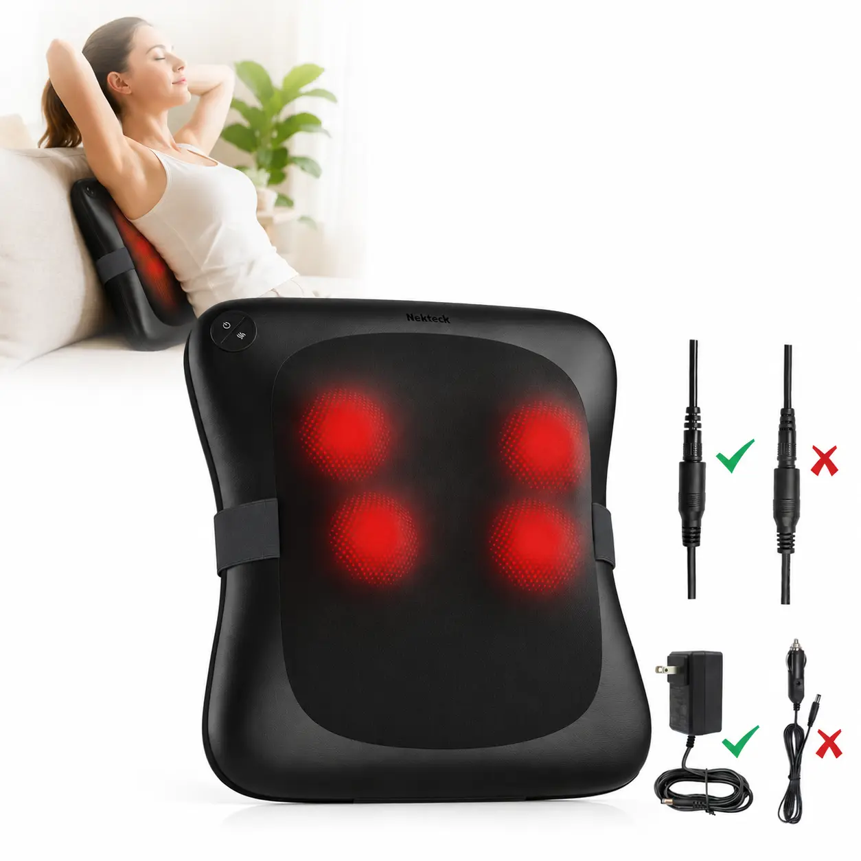 Nekteck Back Massager with Heat, Shiatsu Massage Cushion for Lower Back Pain Relief, Deep Tissue Kneading Massage Pad for Home Office Chair Car Use