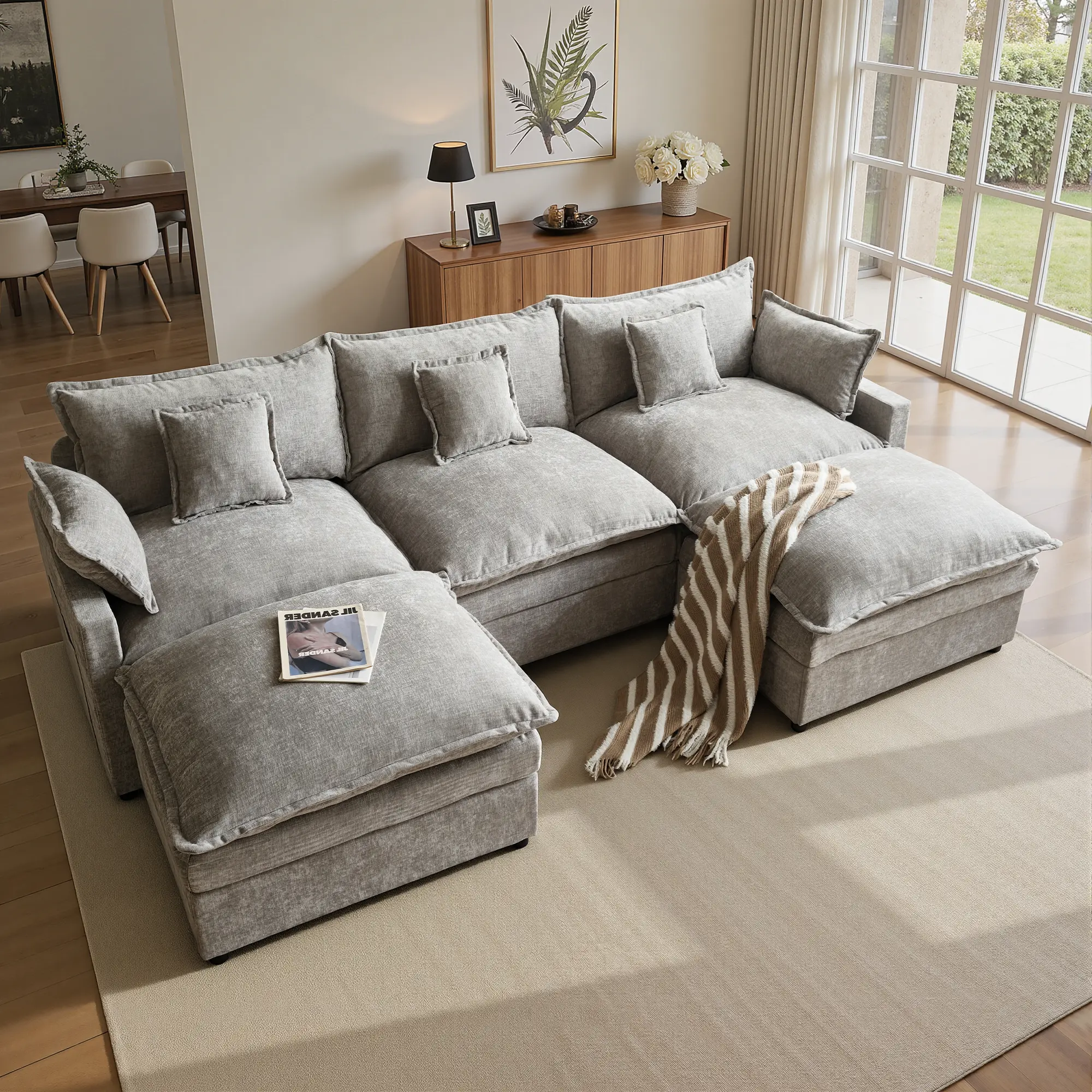 108" Grey Chenille U Shaped with 2 Ottoman
