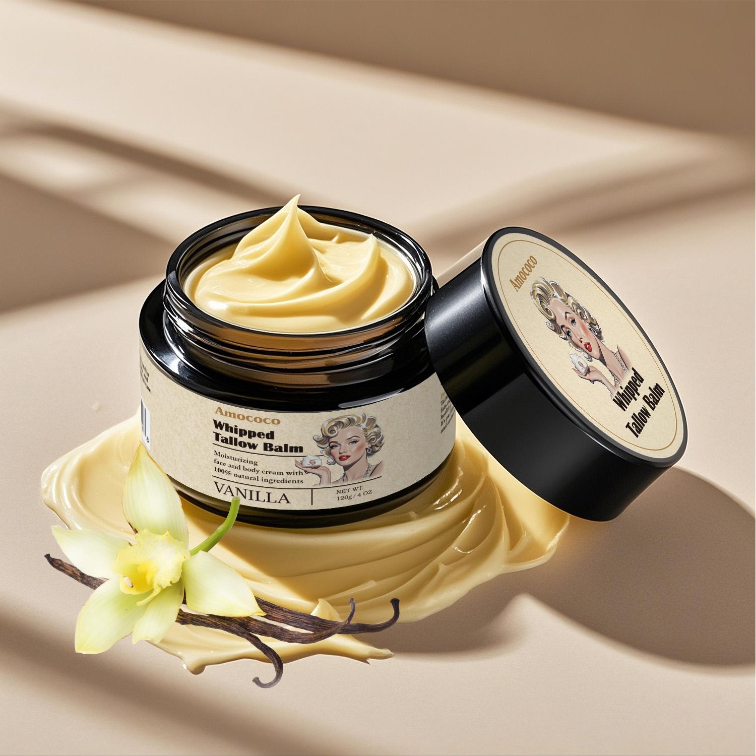 Tallow Cream 100% Natural Moisturizing Face and Body Cream That Soothes, Nourishes, Firms and Hydrates The Skin With Lavender and Vanilla Scents in Vintage Packaging.