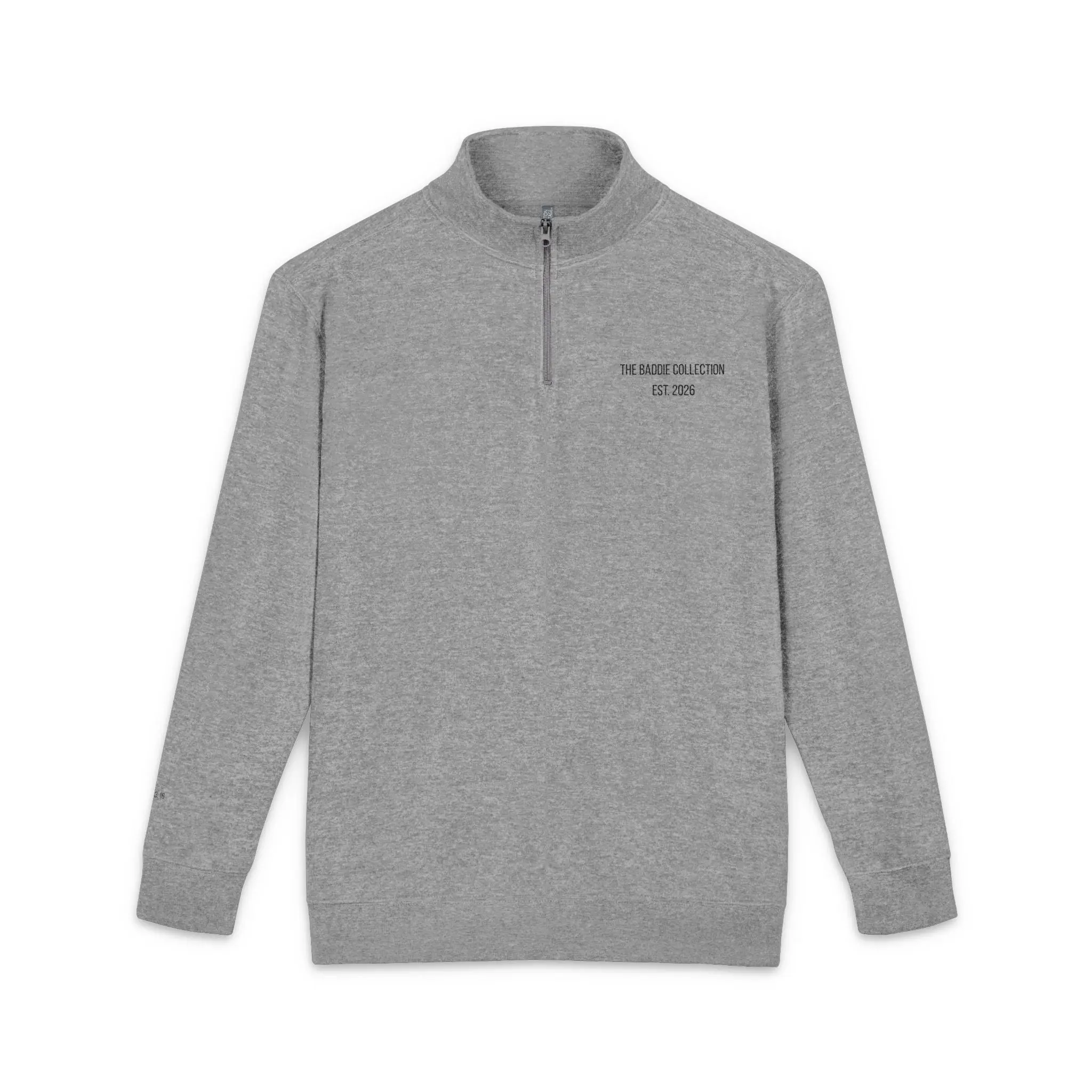 Embroidered Grey Fleece Pullover — Minimal Chest Script Quarter-Zip