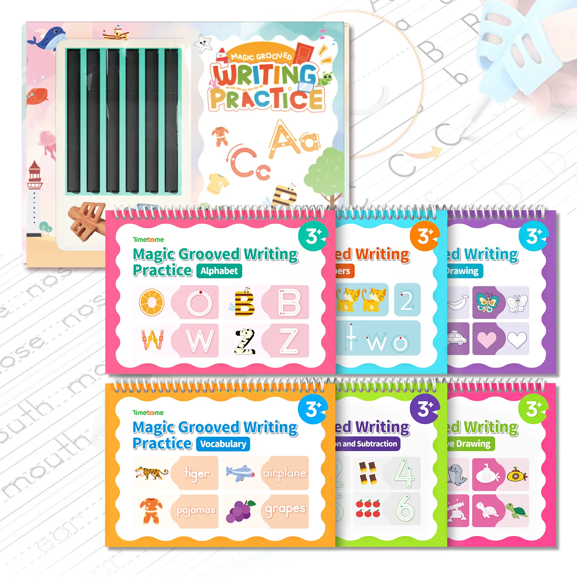 TIMETOME Reusable Grooved Handwriting Workbook for Kids, Learning Materials, 6 Books–Early Elementary, Covers Math, Words, Drawing –Gift for Children Lettering Spiral Notebook school supplies，summer learning workbook