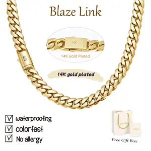BlazeLink 14K Gold Plated Cuban Link Chain - S Logo Clasp, Stainless Steel,Vacuum Plated, Antifriction, Rust Proof,  Waterproof, men's Hip Hop Jewelry for Men Women, 6-14mm, Free Gift Box