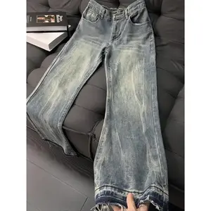 Lightning Pattern Jeans Men Straight Loose Wide Leg American High Street Pants Trendy Brand Cool Washed Retro Flared Pants