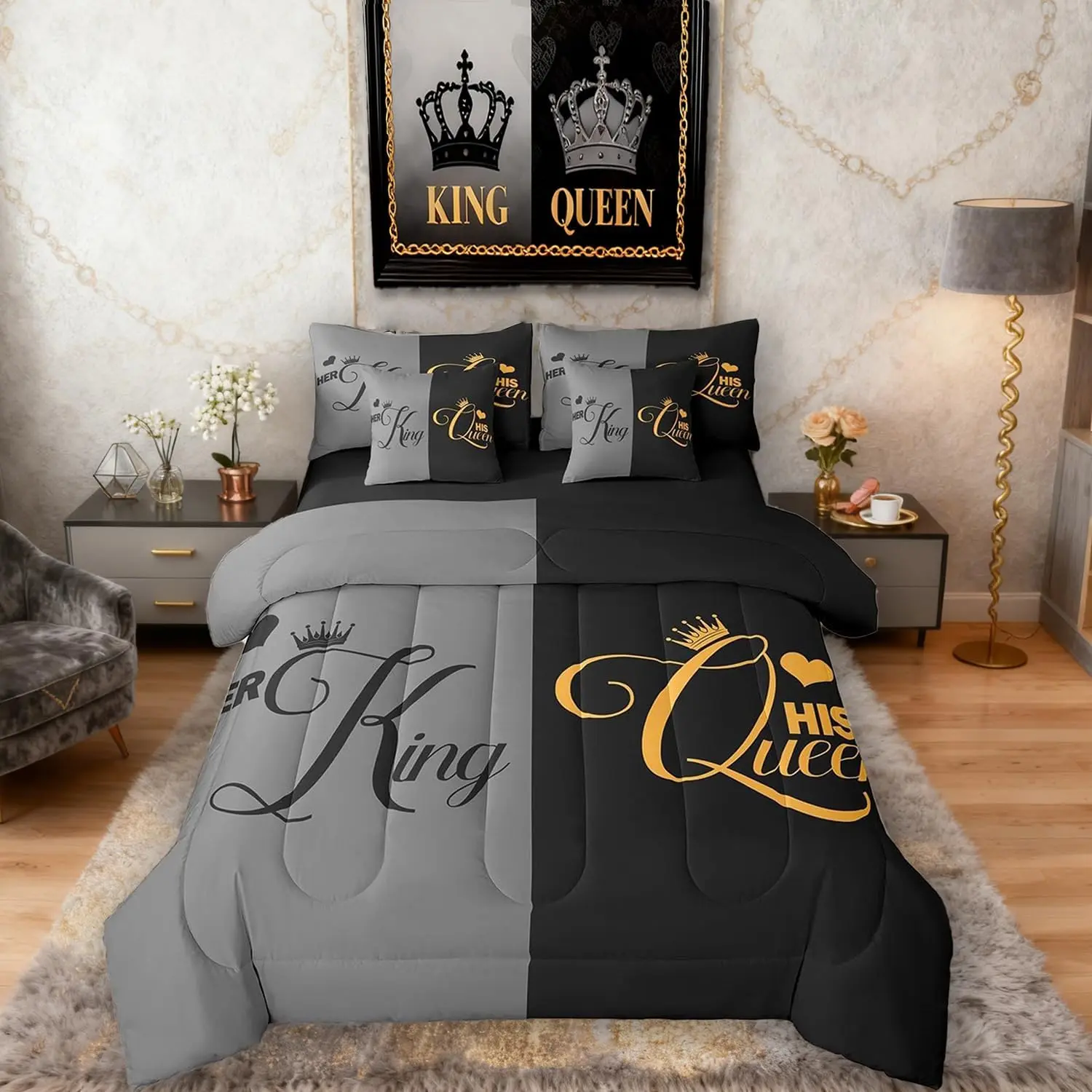 and Bed in a Bag,Comforter Set,7 Piece,Her and His Crown Sheet Set,Romantic Valentine's Day Bedding Set, Bed Sheets Set