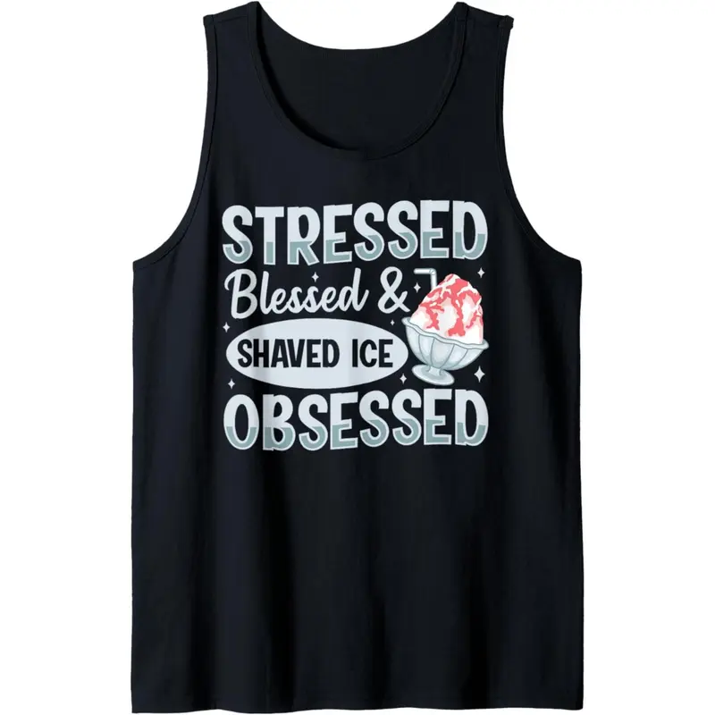 Men's 180g 100% Cotton Sleeveless Tank Top - Hawaiian Shaved Ice Cartoon Graphic & "Stressed Blessed Shaved Ice Obsessed" Quote, Casual Round Neck Shirt for Summer, Beach, Barbecues & Outdoor Activities, Summer Clothing, Playful Design, Digital Print Tee