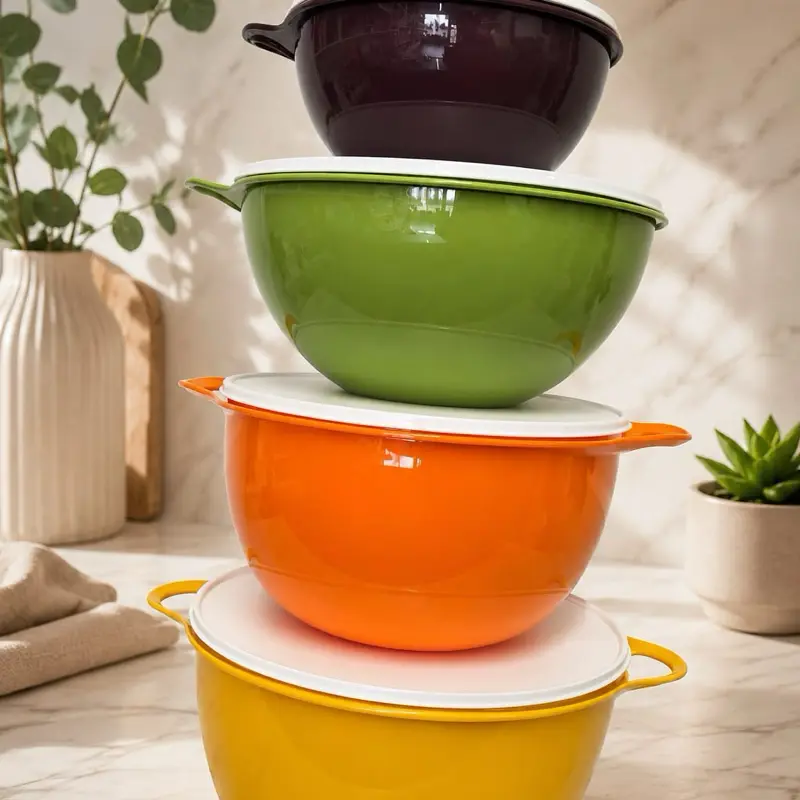Plastic Round Stacking Kitchen Storage Container Tower with 14L, 10L, 7.8L, 3L Bowls for Kitchen Utensils Preservation