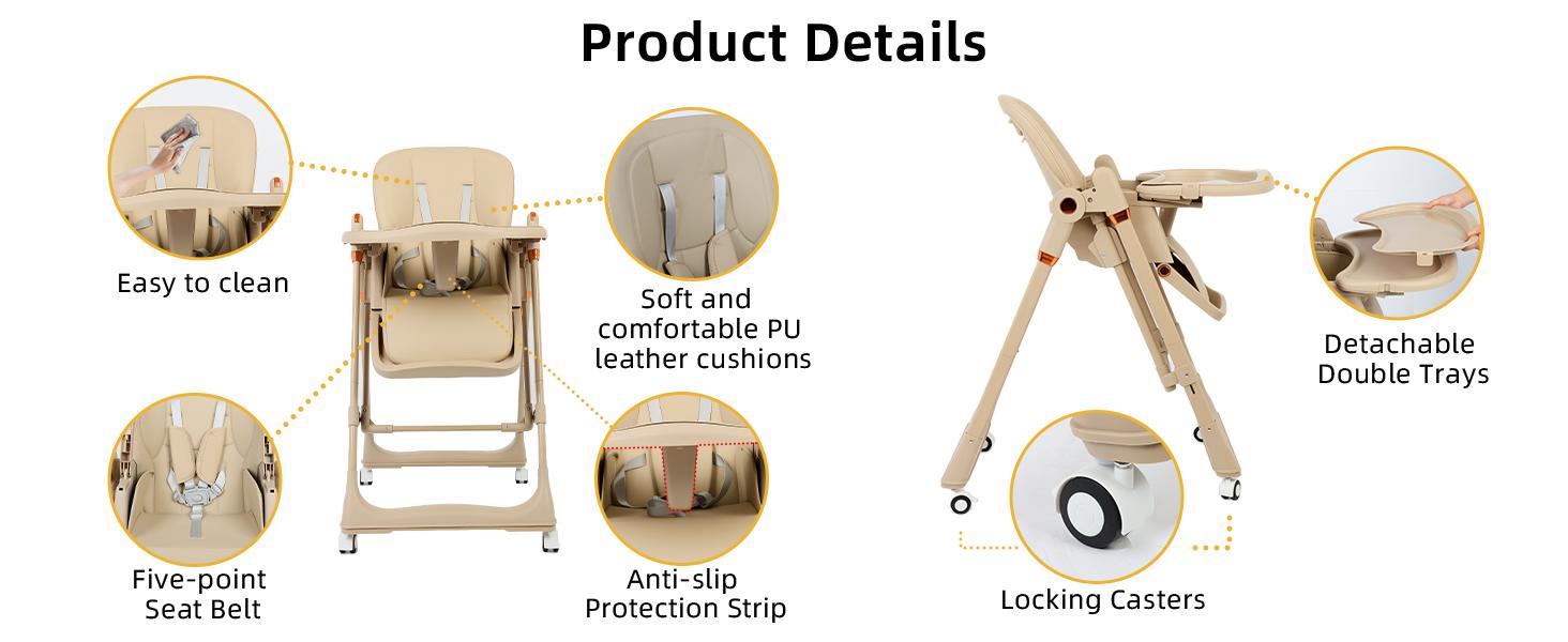New High Chair & Cradle For Children's,Multifunctional 6 in 1 Adjustable High Chair with Removable 3-Position Adjustable Tray, stain resistant Stability Structure & 3-Point Safety Harness,Dining Room Furniture