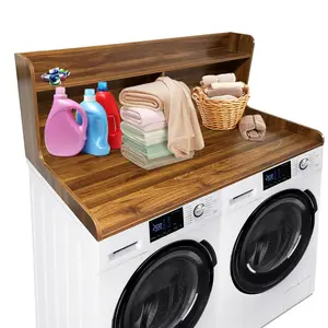 2-Tier Washer Dryer Countertop,Wood Laundry Countertop with2.75" H Edge Rails,Waterproof Washer Dryer Cover for Laundry Room Organization,Walnut