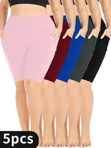 Plus Size - 5-Pack Plus Size High Waist Crescent Shaped Pocket Capri Pants, Casual Style, High Stretch Fabric, Summer Season, Seamless Full Coverage Gym Shorts, Super Soft Stretchy Polyester Blend Activewear for Running, Fitness, Machine Washable