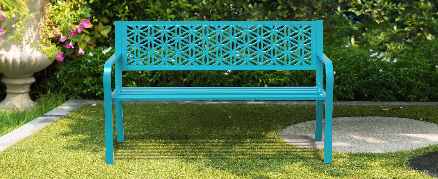 VINGLI 50" Outdoor Bench Metal with Floral Back, Garden Bench Front Porch Bench for Yard Patio Entryway Park, 800lb Capacity