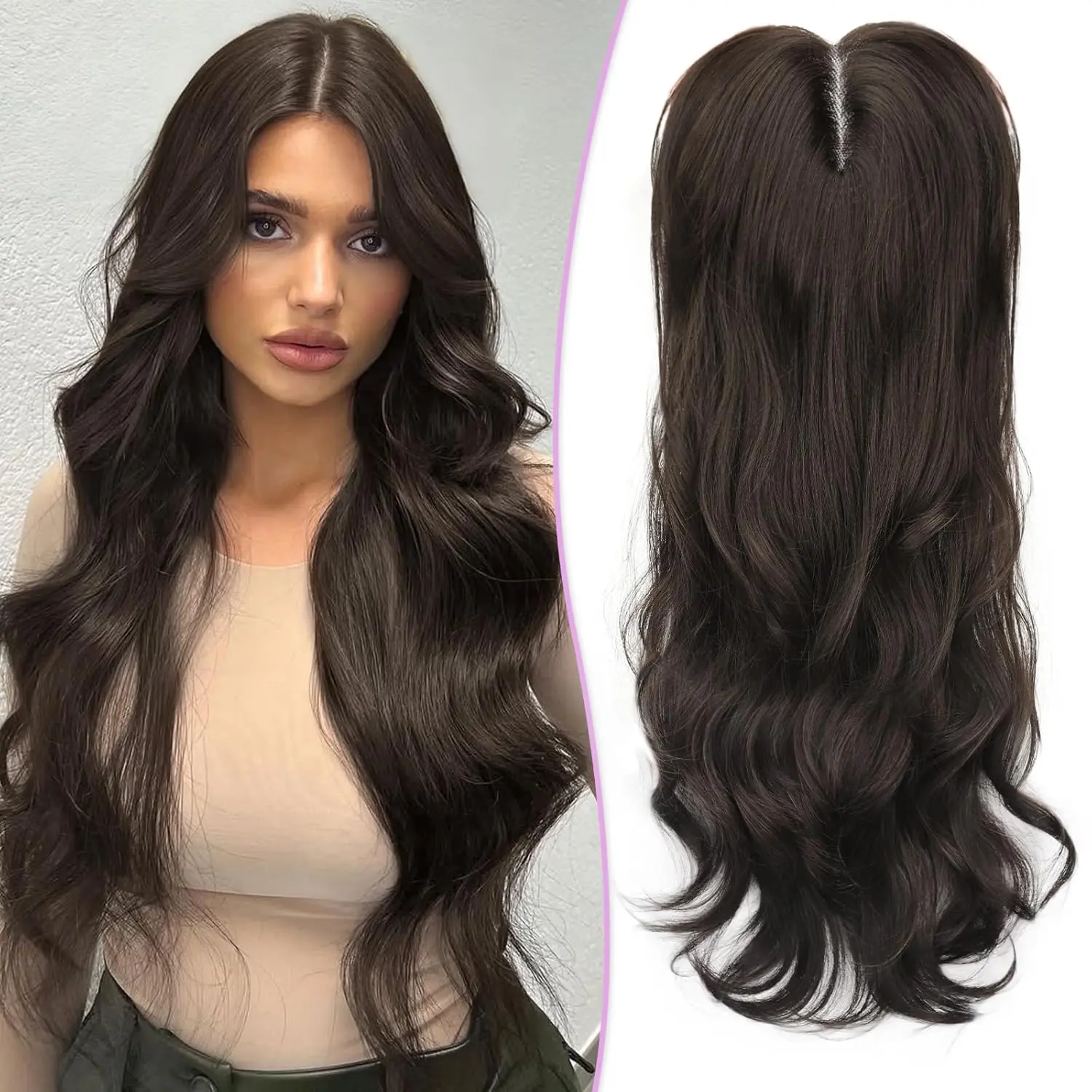 [AISI HAIR] Women's Dark Brown Long Curly Synthetic Half Wig Topper, 3D 360° Coverage Clip-In with Bangs for Thinning Hair, Half Wig Style