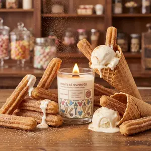 Theme Park Scents Main Street Inspired Scented Vanilla Candle - Handmade Soy Candle, Long Lasting, Warm, Sweet Aroma for Home Cinnamon Churro Waffle Cone