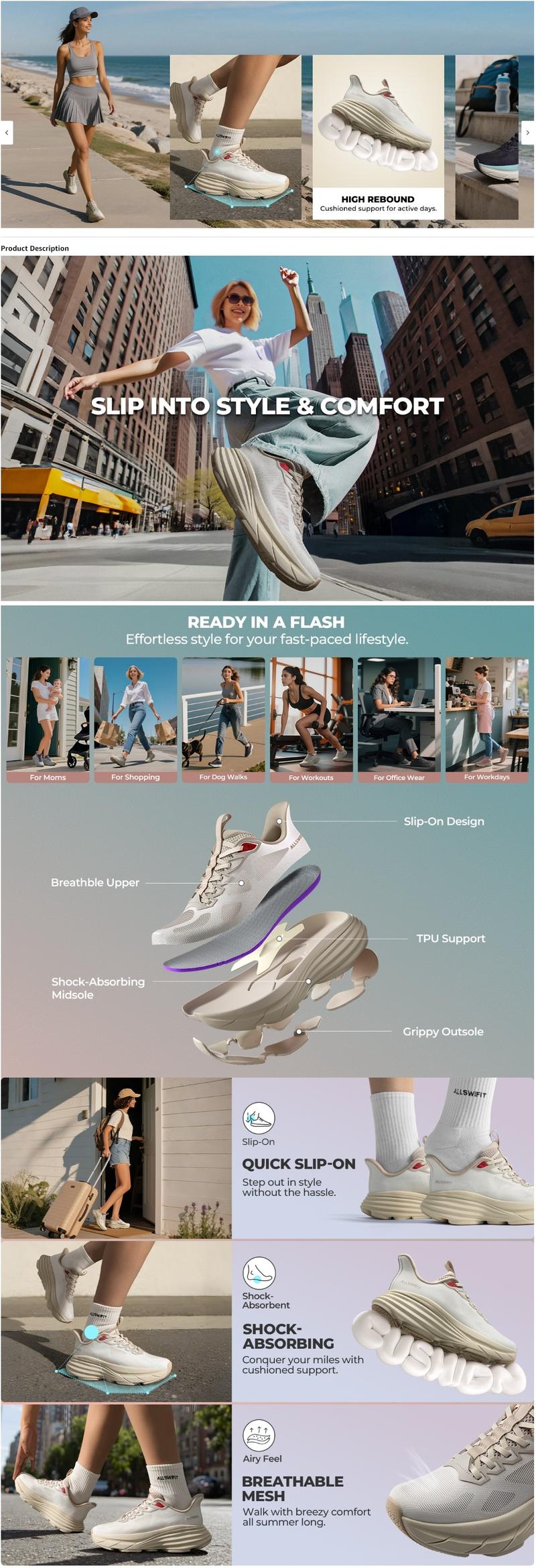 Women's Slip On Walking Shoes Hands-Free Cushion Running Tennis Non-Slip Comfortable Gym Workout Athletic Breathable Fashion Sneakers SwiftLite