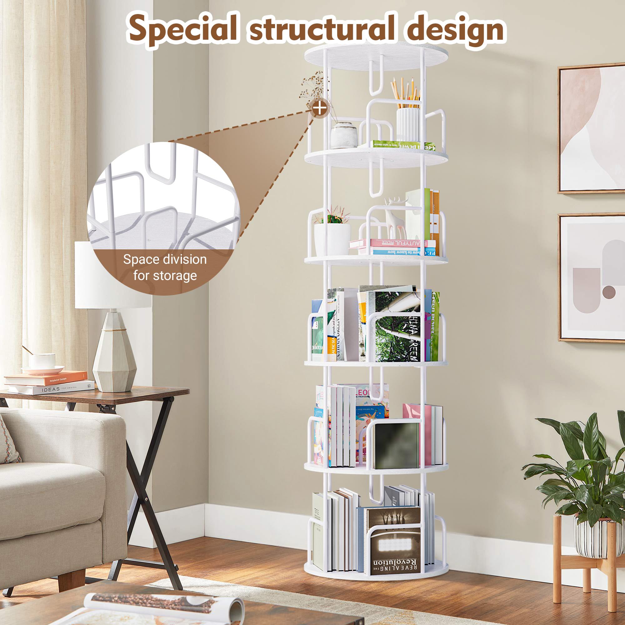 5 Tier Rotating Bookshelf, 360 ° Display Stackable Spinning Bookshelf Tower, Corner Bookshelf Tall Floor Standing Swivel Bookcase Narrow Storage Organizer for Bedroom, Living Room