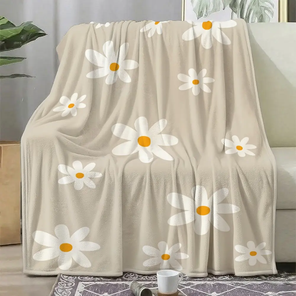Boho Vibes Daisy Print Flannel Blanket - Minimalist Beige White, Soft Cozy Warm Fuzzy Plush, Multi-Size, Home Relaxation for Living Room, Perfect Birthday Gift for Women, Boho Aesthetic Home Decor